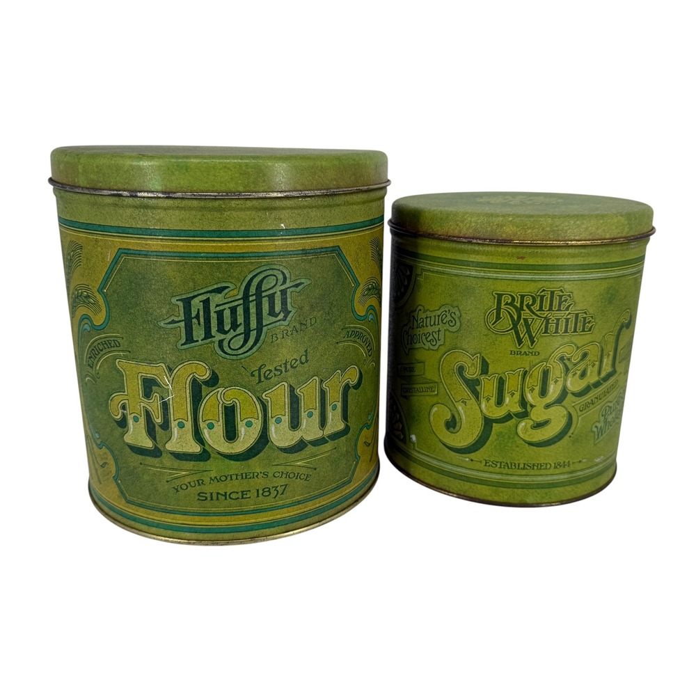 Vintage Ballonoff Flour Sugar Tin Canister Set Green Retro Farmhouse 2 Piece USA